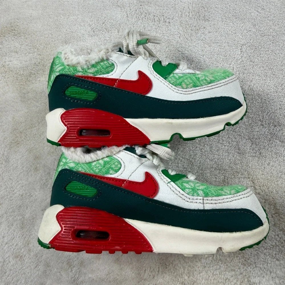 Nike Air Max 90 Nordic Christmas Green Red White Faux Fur Toddler DC1622-100